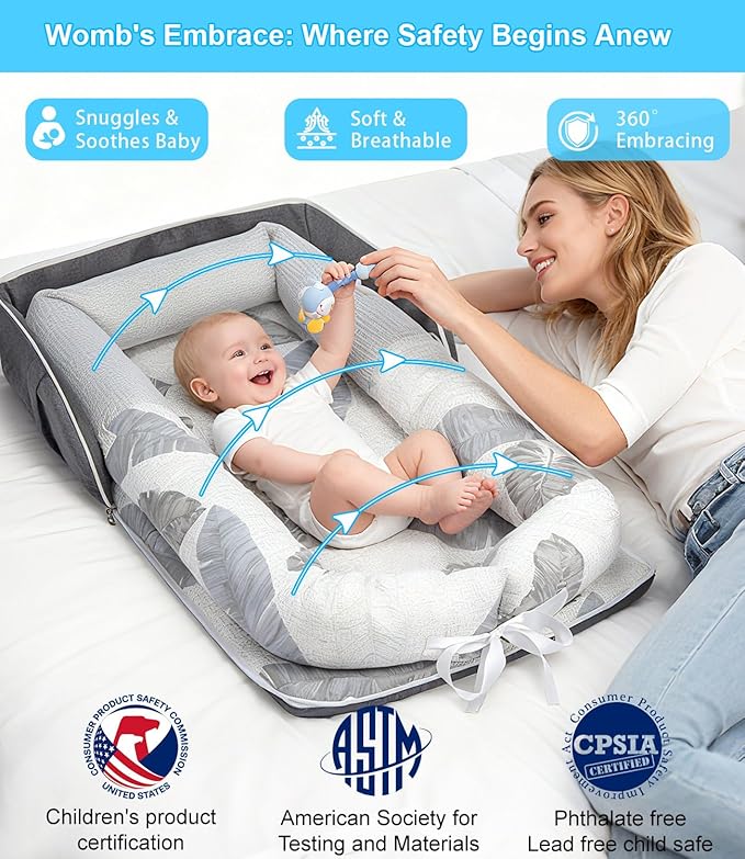 Baby Lounger, Portable Foldable Travel Lounger for Newborn 0-12 Month, Washable Lightweight Infant Nest with Canopy, Soft Breathable Baby Nest with Adorable Pattern, Home & Outdoor Use