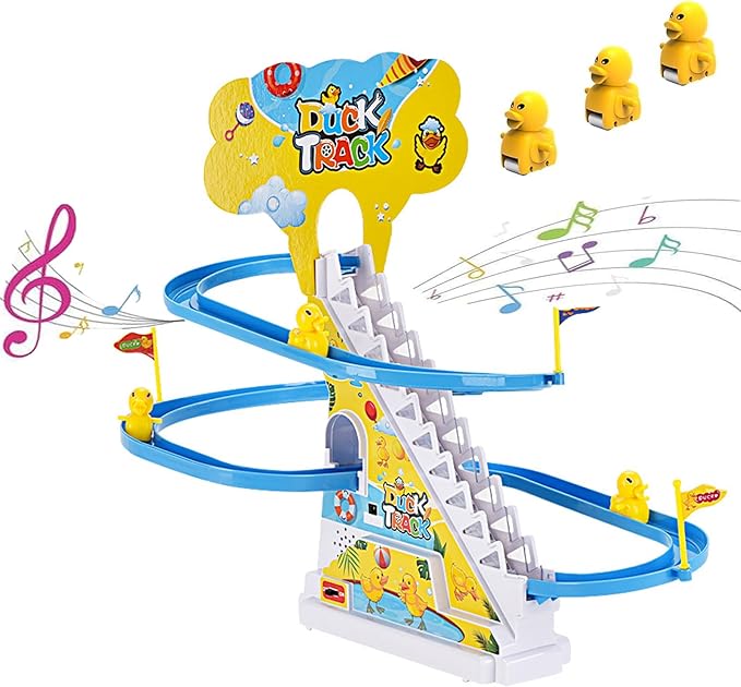 Small Ducks Climbing Toys, Electric Llittle Duck Climbing Stairs Toy, Funny Roller Coaster Track with 3 Ducks LED Lights & Music Button, Small Duck Slide Toys for Children Kids and Baby (C)