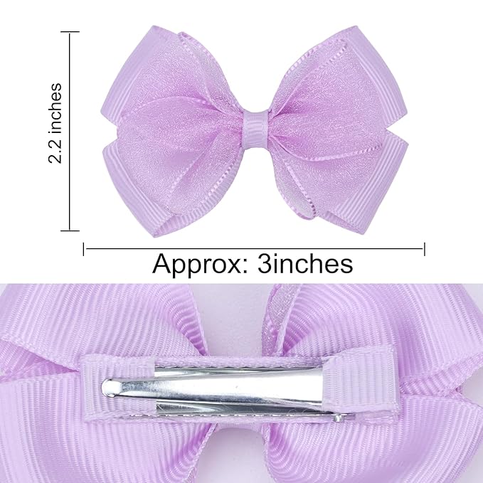 Tiny 3 Inch Organza Double Hair Bow Clips - Lined Boutique Alligator Hairpin for Baby Girls, Toddlers, and Little Teens - Kids Barrettes Set of 2 Small Stylish (Light Purple)