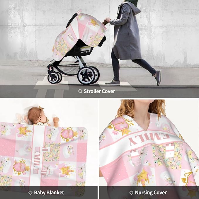 Personalized Minky Car Seat Canopy for Girl Boy, Custom Name Stroller Car Seat Covers Cover for Infant Newborn Shower Gift, Nursing Opening Carseat Cover for Breastfeeding, Swan Princess