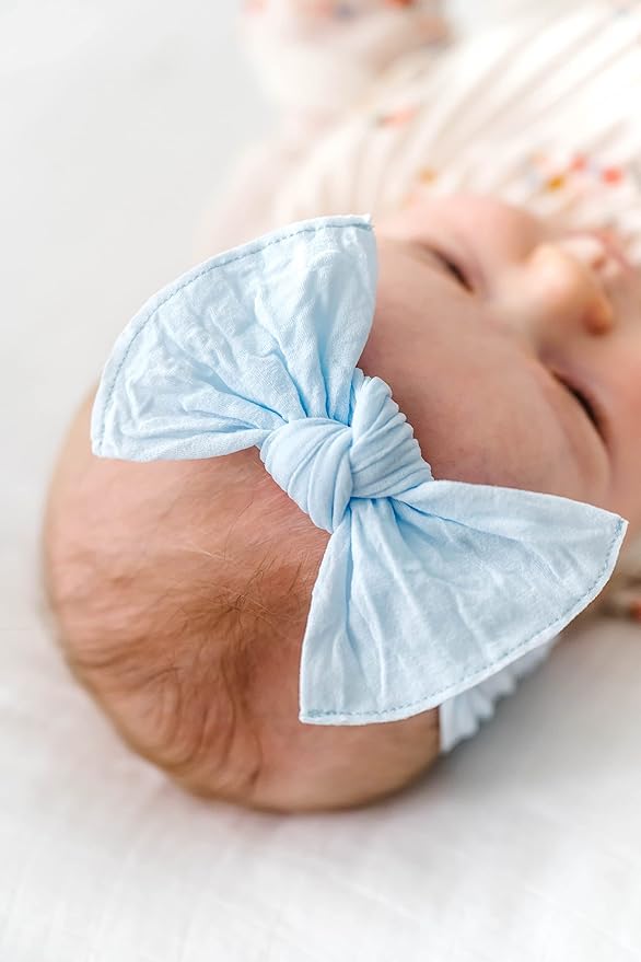 Baby Bling Bows - Newborn to Little Baby Girl Bows, 2 Pack Nylon Super Soft Stretchy Knot Toddler Headbands, Perfect Hair Accessories Head Bands for Infant Kids(Sky & Seafoam)