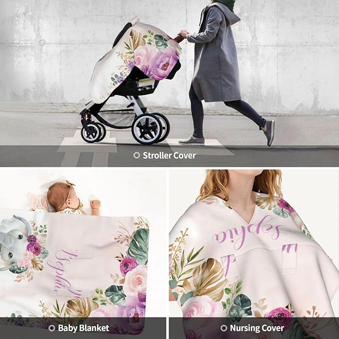 Personalized Baby Car Seat Canopy for Babies with Name, Custom Elephant Floral Stroller Car Seat Covers for Girls, Minky Nursing Carseat Cover for Breastfeeding, Car Seat Canopies for Newborn