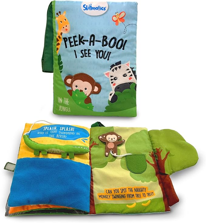 Skillmatics Peek-A-Boo Jungle Book - Soft Cloth Book for Baby, Infant & Toddler Toys, Crinkle Pages for Sensory Play, Gifts for Ages 6 Months and Up