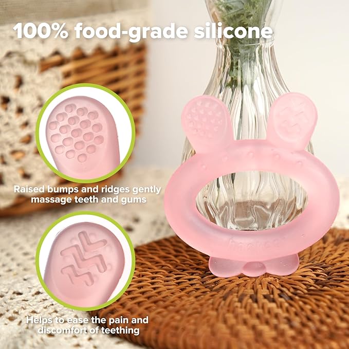 Haakaa Silicone Baby Teether - Rabbit Ear Frozen Teething Toy for Babies 3-6 Months- Cold Teething Relief - BPA Free Silicone-Pink