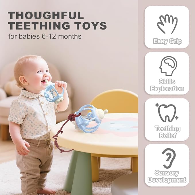 Teething Rattles for Babies 0-6 Months 6-12 months, Silicone Rattle Teether with Pacifier, Baby Montessori Toys 6-18 Months, Infant & Toddler Molar Teething Relief, Boys Girls Essential Gifts (Blue)