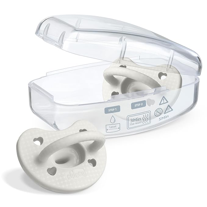 Chicco PhysioForma Luxe Orthodontic Pacifier for Babies 0-6 Months, One-Piece 100% Soft Silicone, Supports Breathing, Textured Shield & Handle, Included Sterilizing Case, BPA Free, 2-Pack, Pearl Grey