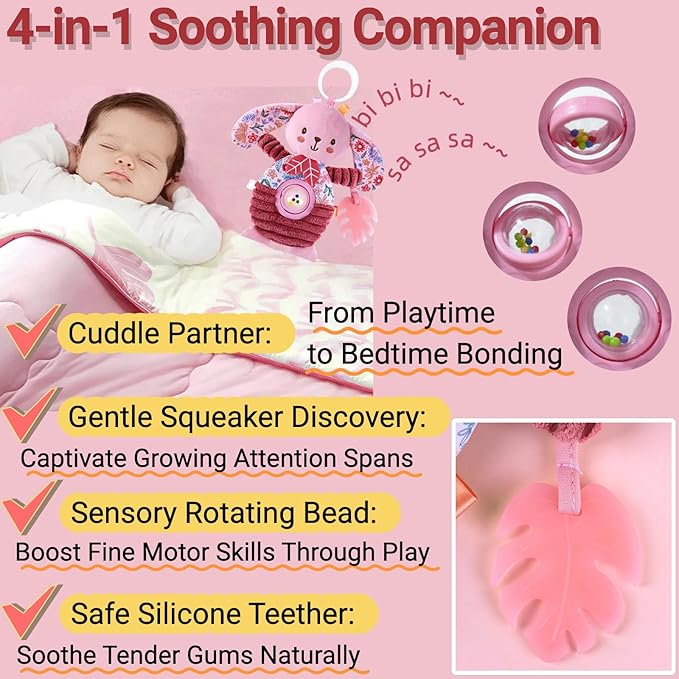 Baby Crib Toys Hanging Stroller Car Seat Toy for Infant 0-2-3-4-5-6-7-8-9 Months Old, Newborn Infant Girl Gifts, Rattle Crinkle Teething Teether for Babies 6-12 Month Easter Basket Stuffers