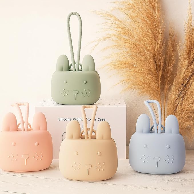ROCCED Pacifier Holder Case Silicone Bunny Design Pacifiers Pouch with Soft Silicone Strap, Travel Storage for Stroller & Diaper Bag, Pacifier Holder Pouch for Baby, Set of 3 Beige Dusty Green Pink