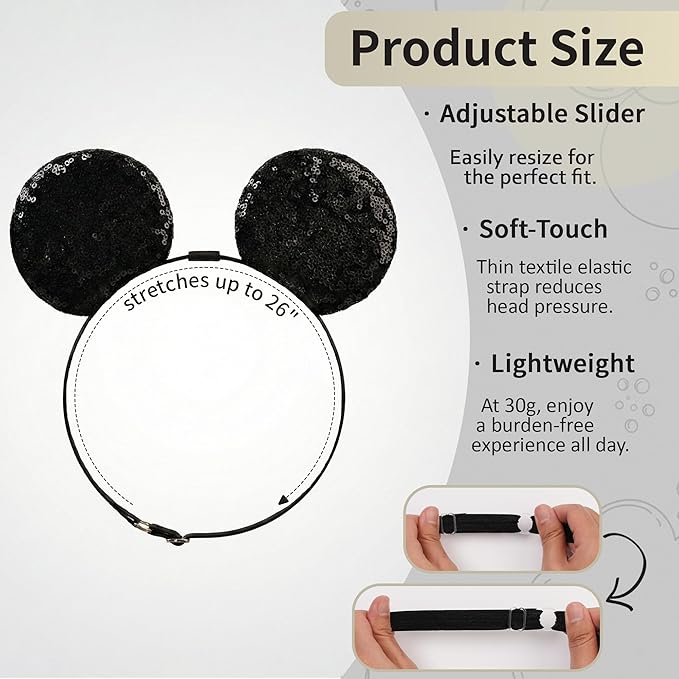 zhezesmila Adjustable Mouse Ears Headband Elastic Classic Black Sequin Ears for Baby Girls Boys Toddlers and Adult