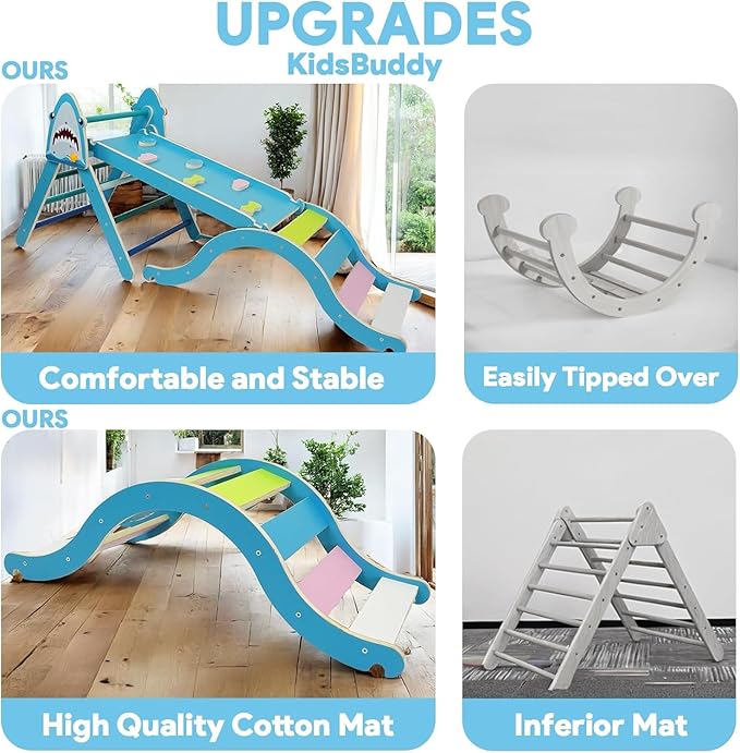 Pikler Triangle Set with Cushion 9 in 1, Climbing Toys for Toddlers 1-3, Montessori Indoor Baby Playground for Safe Motor Skills Development (Blue-Shark-Set)