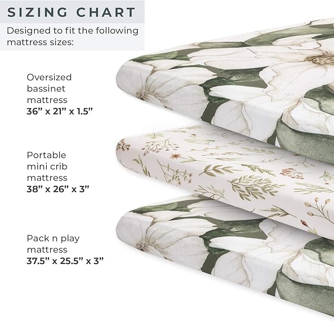 Pobibaby - 2 Pack Premium Pack N Play Sheets Fitted for Standard Pack and Plays and Mini Cribs - Ultra-Soft Cotton Blend, Stylish Floral Pattern, Safe and Snug for Baby (Zephyr)