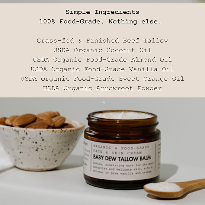 Gentle Face & Body Moisturizer for Babies – Baby Dew Tallow Balm with Grass-Fed Tallow and Organic Coconut Oil – Whipped, Food-Grade Skincare