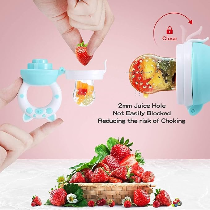 Baby Fruit Food Feeder Pacifier - Fresh Teething Pacifiers, Infant Fruit Teething Teether Toy for 3-24 Months, 6 Pcs Silicone Pouches for Toddlers & Kids & Babies, Piggy Handle 2-Pack (Yellow)