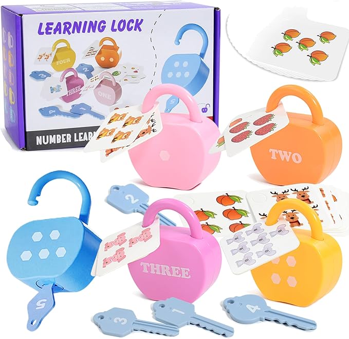 GEERAY Cause and Effect Toys for Toddlers 3+, Montessori Lock & Key Set with 5 Apple-Shaped Locks, Keys & 10 Cards – Learn Numbers, Colors & Motor Skills STEM Toy Gift for Home & Classroom