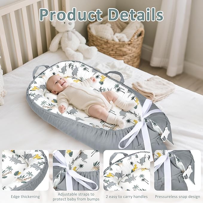 Baby Lounger Pillow with 100% Cotton Newborn Nest Backup Cover for Ultimate Comfort, Soft & Breathable Infant Nest Cover for Baby Girls, Grey