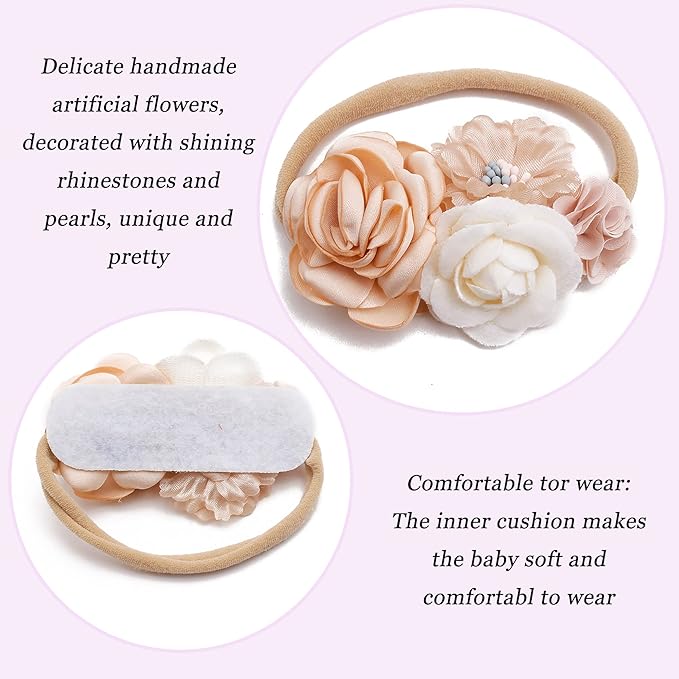 Baby Girl Flower Headband 6 PCS Elastic Hairbands Handmade Nylon Bows Headbands Chic Floral Hair Accessories Kids Gifts for Newborn Infant Toddlers