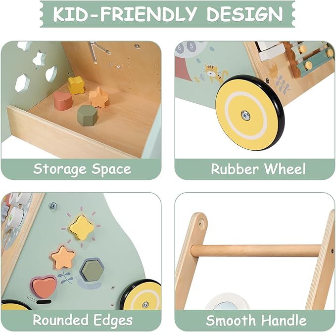 GiggleGems Wooden Baby Walker, Multiple Learning Activities Center Develops Motor Skills for Infant to Toddler, Push and Pull Walkers with Wheel for Boys Girls