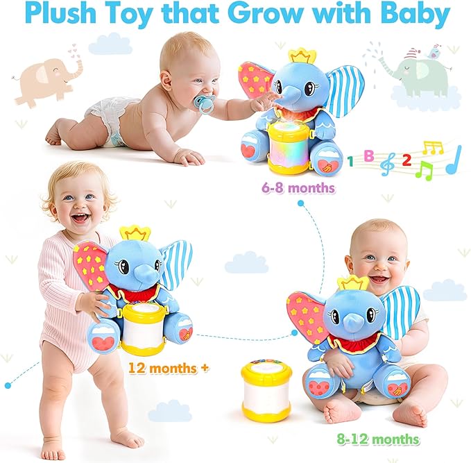 Hodurgyi Baby Toys 6-12 Months, Elephant Musical Plush with Lights, ABCs, Animal Sounds, Numbers, Infant Early Learning Toy,Christmas Birthday Gifts for 6+ Month Boys &Girls