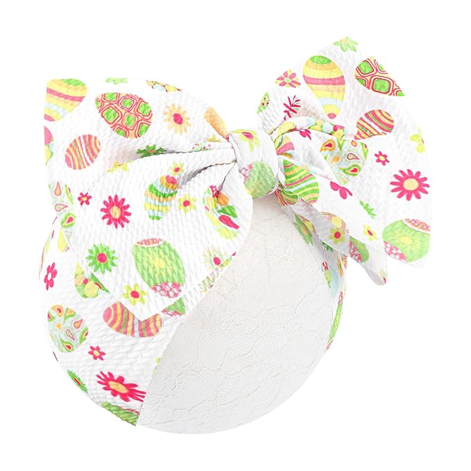 7” Easter Baby Girls Bows Pink White Eggs Bunny Headbands for Newborn Infant Girls Elastic Tied Hairbands Hair Bows Easter Hair Accessories for Gift