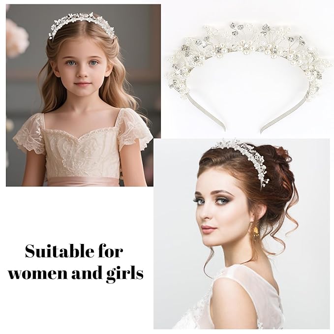 Flower Girl Wedding Headband Crystal Hair Accessories Silver Bridal Pearl Headband for Prom, Birthday, Party, and First Communion