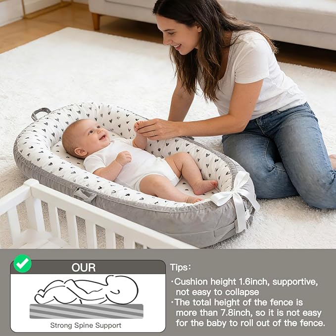 Baby Lounger | Organic Cotton Infant Support Cushion | Reversible, Adjustable & Portable Floor Lounger | Soft, Breathable, Washable Cover