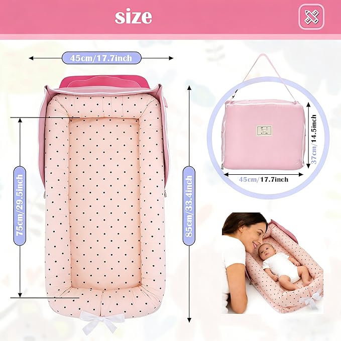 Baby Lounger for Newborn Portable Bag,Baby Nest Play Gym mat with Strap,Newborn Lounger Adjustable Size & Inner Zipper Lengthen Space to 24 Months(Pink Polka Dots)