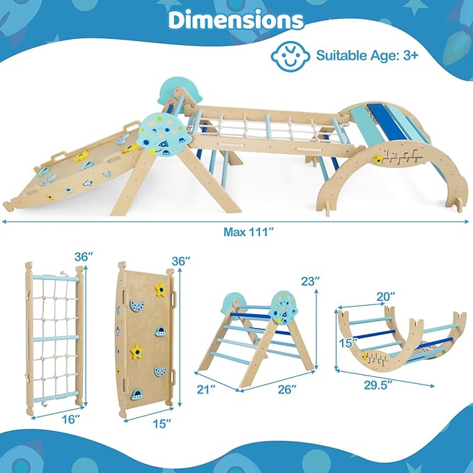 Costzon Pikler Triangle Set, 9-in-1 Foldable Baby Climbing Toys, Wood Montessori Climbing Set for Learning and Motor Skills, Indoor Playground Jungle Gym for Toddlers 3+ Climber Gifts (Blue)