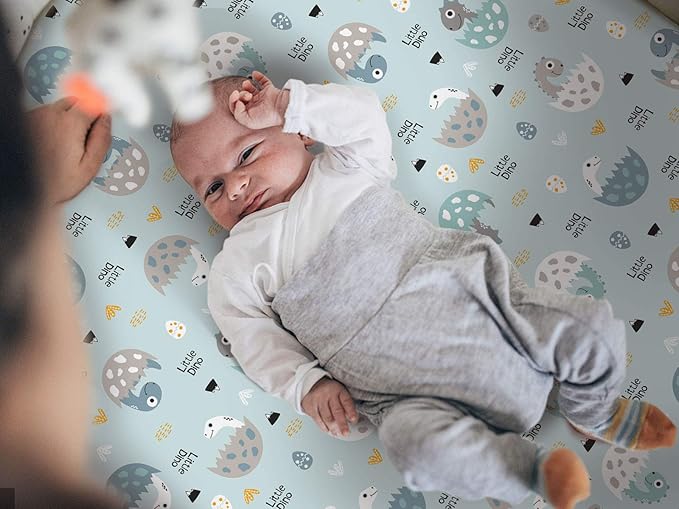GRSSDER Stretchy Ultra Soft Jersey Knit Fitted Pack n Play Sheets Set 2 Pack, Portable/Mini Crib Sheets for Boys, Universal Fit for Pack N Plays Safe and Snug, Happy Dinosaurs for Baby
