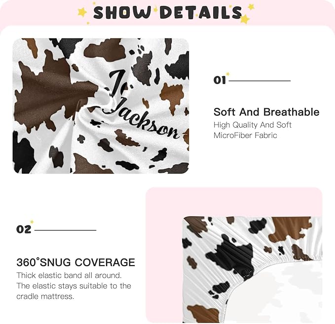 Personalized Pack and Play Sheets with Name, Custom Name Baby Mini Crib Sheets for Baby Boys Girls, Name Pack n Play, Fitted Sheet with Name, Soft and Breathable Material (Cow Print)