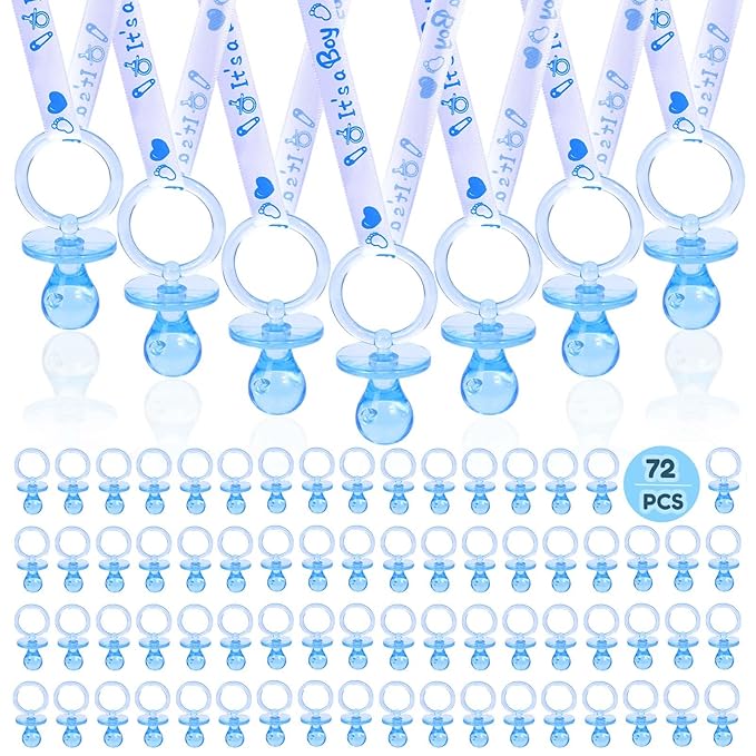 72 Cute Pacifier Necklaces for Boys & Girls - Acrylic Pacifier Necklace Set for Baby Shower Favors, Gender Reveal Party, Table Scatter or Necklace Game (Blue)