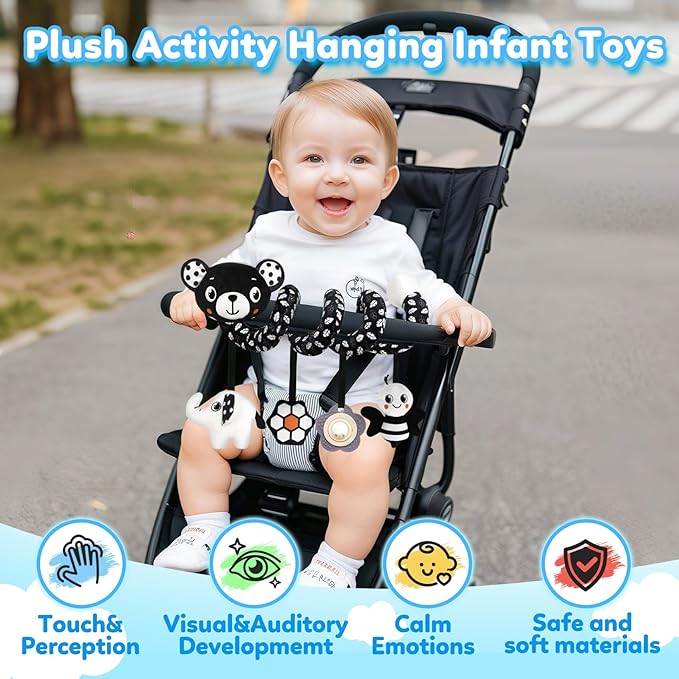 GKDOMS Baby Carseat Toy Black & White Rattle Spiral Hanging Activity Stroller Toy for Newborns Boys and Girls - Bear