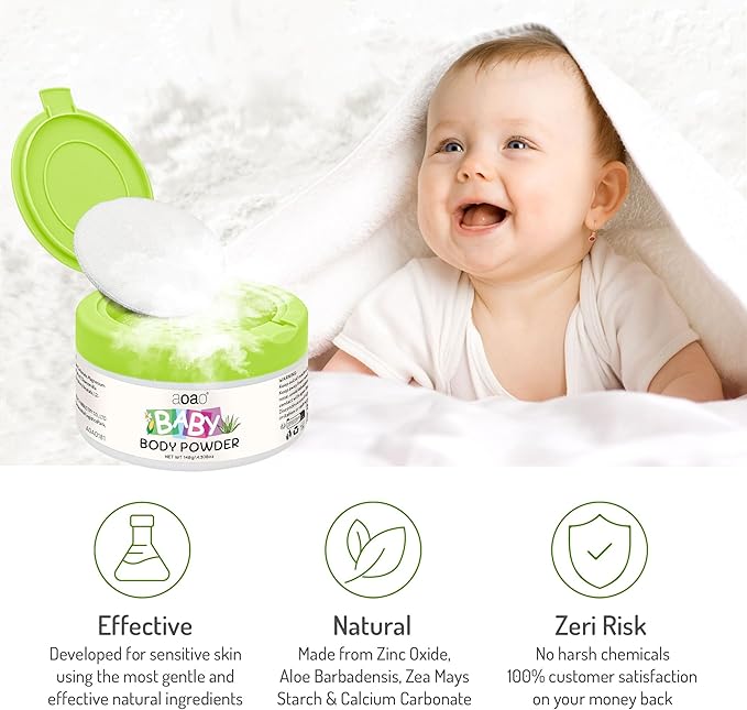 AOAO Natural Baby Body Powder, Talc-Free Cornstarch Base, Itch Soothing & Help Prevent Diaper Rash with Aloe & Zinc Oxide, Sensitive Skin & Chafe Protection, Gentle Absorption Care, Value 2-Pack
