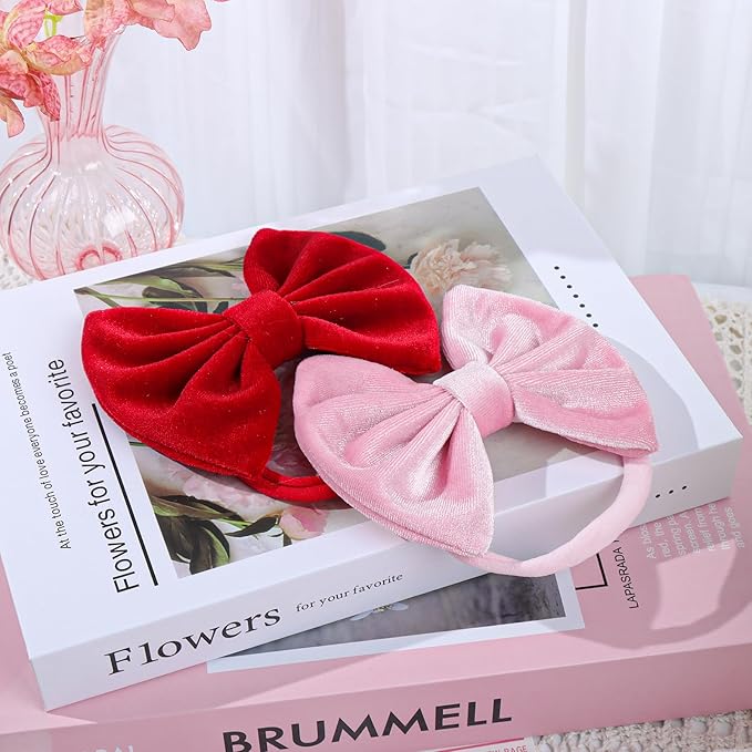 Velvet Baby Girls Bows Elastic Nylon Headbands Red Pink Handmade Newborn Bows Hairbands Infants Toddlers Hair Accessories 3 Pcs Red Rose Pink