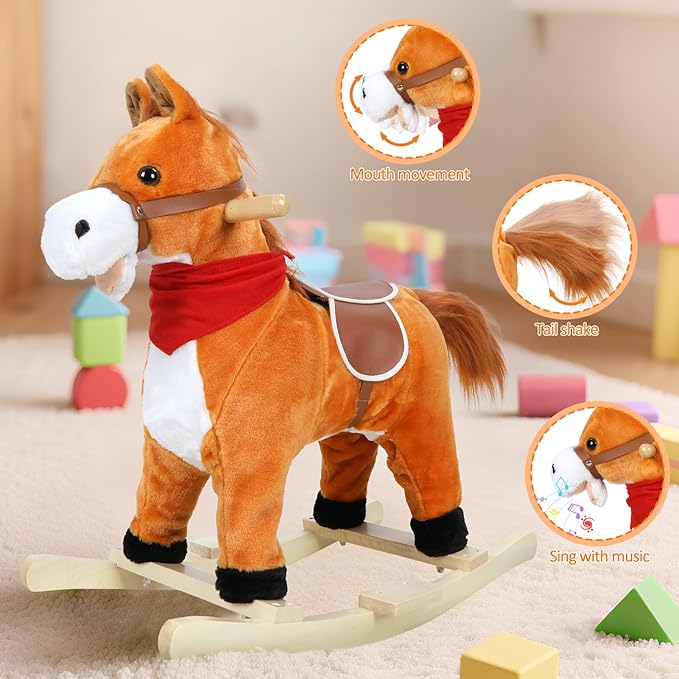 Rocking Horse for Toddlers Ages 1-6, Plush Ride On Toy with Sounds Moving Mouth & Wagging Tail, Interactive Wooden Rocker for Kids, Baby Rocking Chair Toys up to 120kg (Light Brown Small)