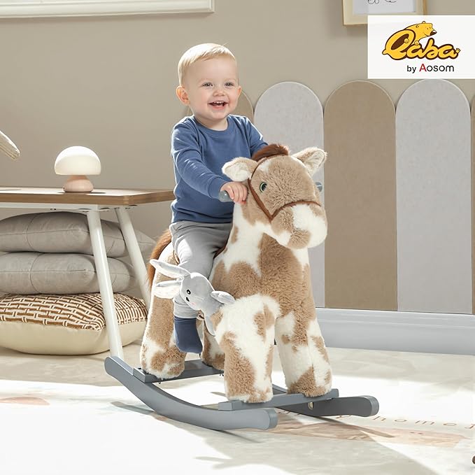 Qaba Rocking Horse, Kids Plush Animal Rocker with Realistic Neighing Sound for Toddlers 2–5 Years Old, Soft Filling Ride on Horse with Rabbit Toy, Light Brown