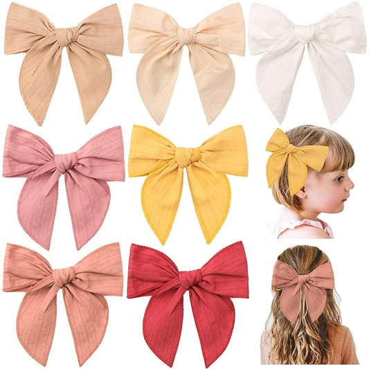 TOKUFAGU 7 Count 6 Inch Hair Clip Bows, Large Cotton Hair Accessories for Girls Toddlers Kids