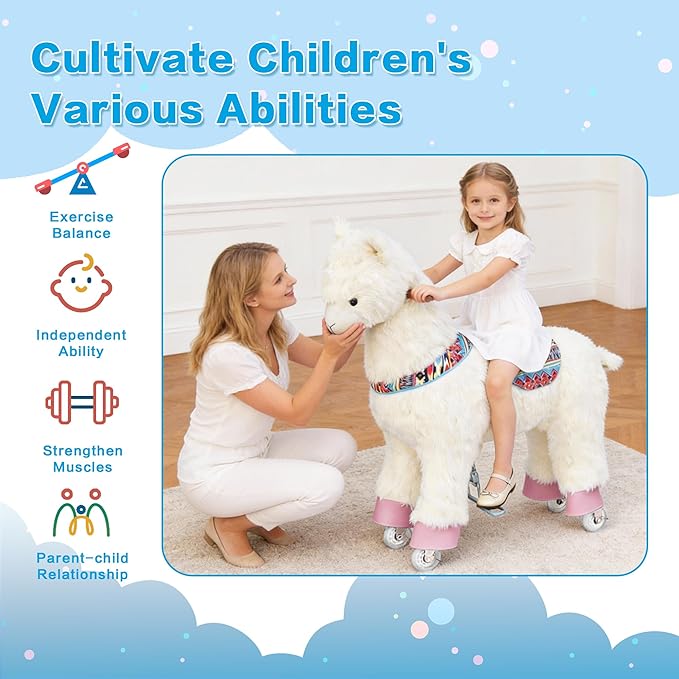 Ride on Alpaca Toys for Kids, Ride on Toy for 4 to 9 Years Old, 36.6'' Height Riding Horse Rider Mechanical Walking Action Plush Animal, No Battery or Electricity, Max Load 165LBS - White