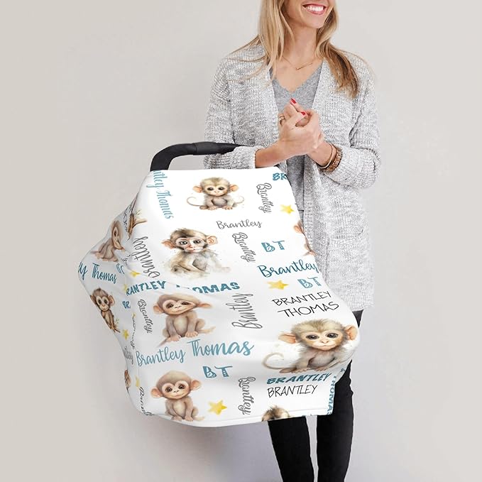 Personalized Car Seat Covers for Babies with Name – Multi-use Breastfeeding Cover Custom Monkey Carseat Canopy Cover, Infant Stroller Covers for Boys and Girls