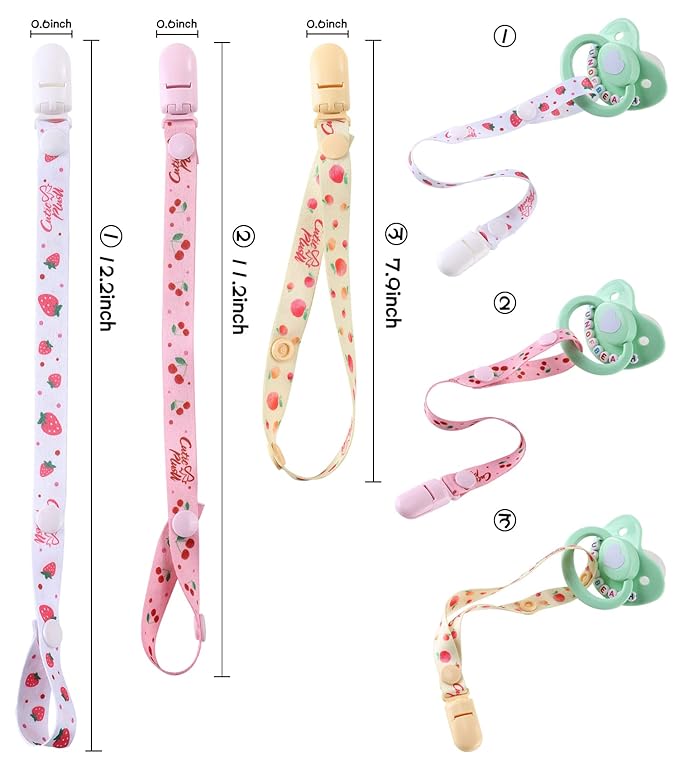 CutiePlusU Adult Size Pacifier Clips 3 Pack-Strawberries, Cherries and Peaches