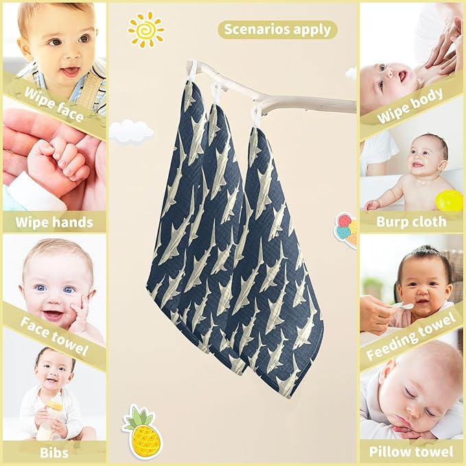 vvfelixl Baby Muslin Washcloths Sharks in Ocean Baby Burp Cloths Cotton Babys Face Towel for Newborn Infants Boys Girls Soft and Absorbent 11.8 X 11.8 in, 3 Pack