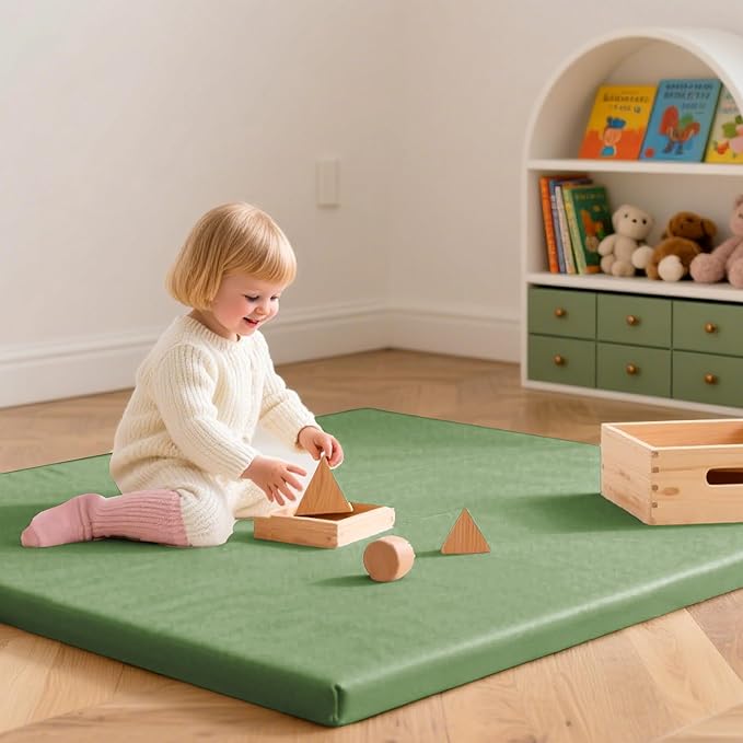 Huloo Sleep Baby Play Mat 50x50 Inches,1.3" Thick Padded Waterproof Floor Cushion & Playpen Mat with Vegan Leather,Non-Slip & Non-Toxic Nursery Rug for Infants, Toddlers & Kids(Green)