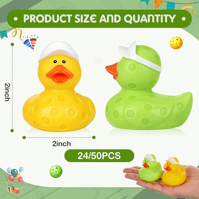 Deekin 24 Pcs Dink Ball Rubber Ducks 2 Inch Bulk Sport Party Favors for Team Events Decorations Birthday Party Supplies Club Player Gift
