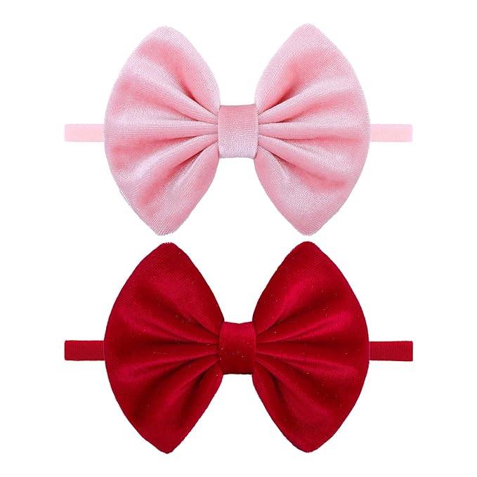 Velvet Baby Girls Bows Elastic Nylon Headbands Red Pink Handmade Newborn Bows Hairbands Infants Toddlers Hair Accessories 3 Pcs Red Rose Pink