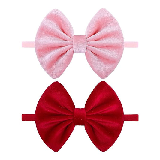 Velvet Baby Girls Bows Elastic Nylon Headbands Red Pink Handmade Newborn Bows Hairbands Infants Toddlers Hair Accessories 3 Pcs Red Rose Pink
