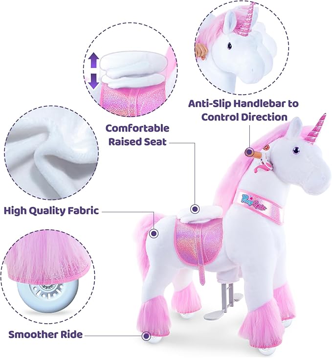 PonyCycle Ride on Horse for Toddlers 2-5 Size 3 Pink Unicorn Ride on Toys Pony Cycle Riding Unicorn Horse Riding Toy on Wheels with Music Sounds Birthday Gifts, Outdoor Indoor Ux302.