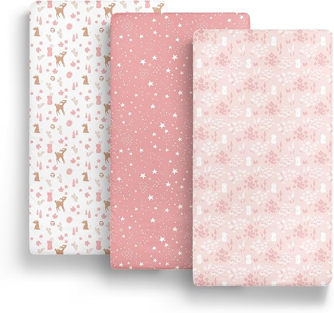 The Peanutshell 3-Pack Fitted Playard Sheets - Soft & Breathable Baby Girl Mini Crib Sheets, Pack N Play Mattress, Fits Standard Playard Pack Play Mattresses - Woodland Floral
