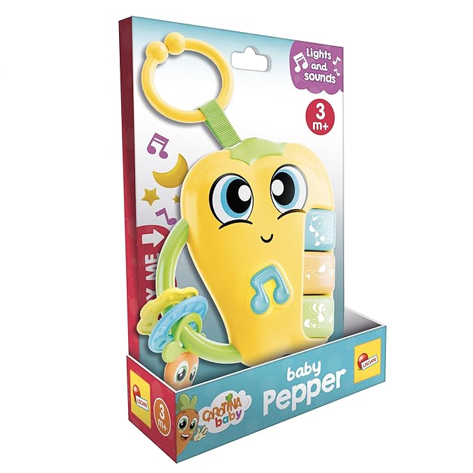 Lisciani Carotina Baby Rattle Pepper, Musical Toy for Babies from 3 Months, with Light and Sound, Teething Rings, Sensory Promotion, Electronic Rattle with Lullaby Function