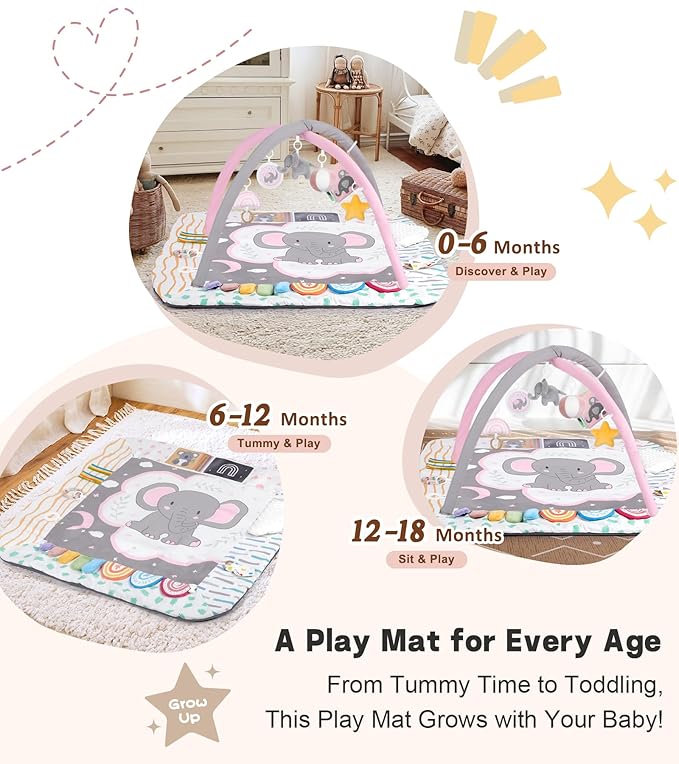 Baby Play Mat Activity Gym, 6 Developmental Zones Tummy Time Mat, 6 Detachable Sensory Toys and Educational Cards, Essential Baby Shower Set, Pink Elephant