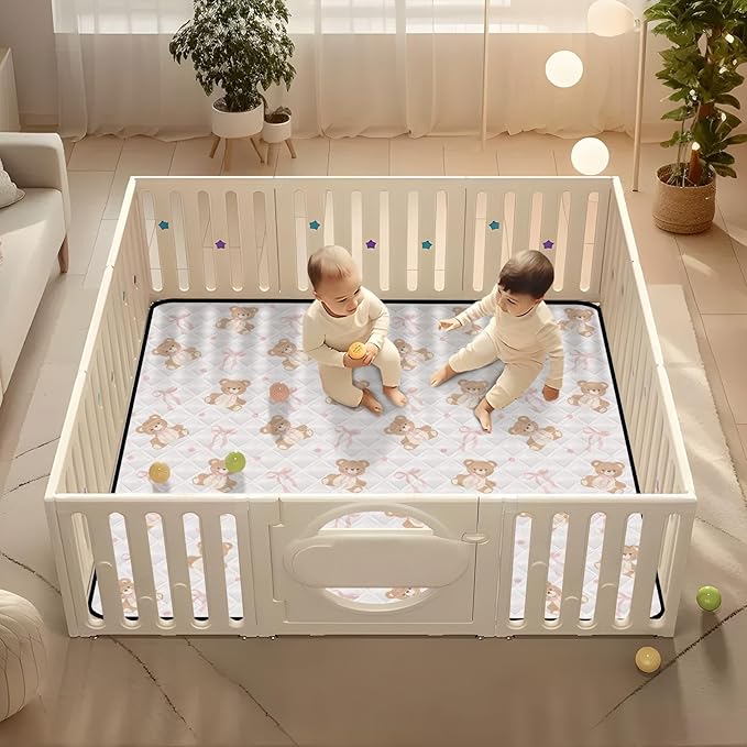 Baby Play Mat Animal Bear Pink Ribbon Bow 50 x 50 Playpen Mat Baby Play Mats for Floor Play Gym Crawling Mat Non-Slip Cushioned Baby Playmat for Infants, Babies, Toddlers