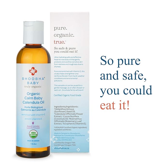 Shoosha Organic Calendula Oil French Lavender, for Babies, Real Calendula Oil, Calendula Massage Oil Moisturizer, Hypoallergenic, Gluten-Free, 100% Biodegradable